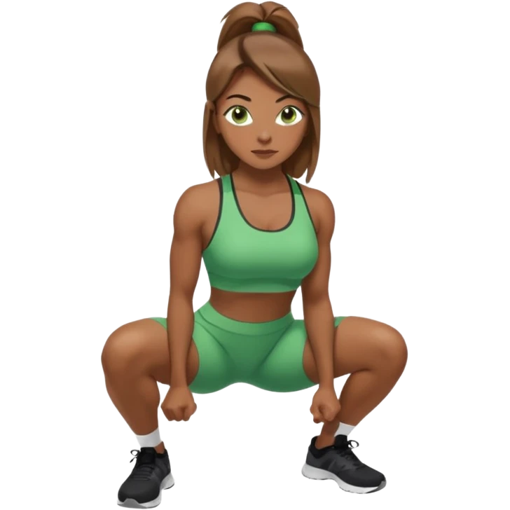 Beautiful woman with light brown shoulder length hair popping a squat without any weights. Make her with a little lighter, brown hair and green eyes emoji