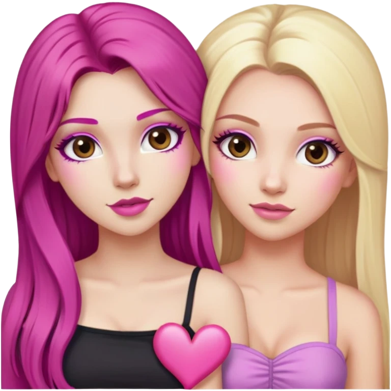gorgeous long lashes pale girl with long magenta hair latina makeup next to a gorgeous blonde girl with blonde hair brown eyes and a light pink heart above them both wearing tube tops emoji
