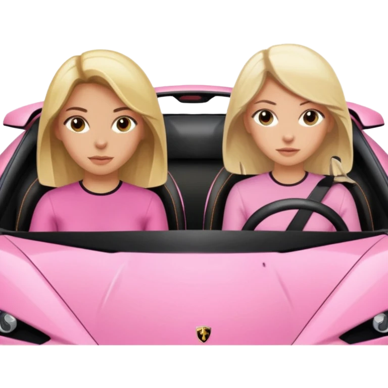 Car facing forward in pink sports car. The best friend girls are not smiling but very pretty, just neutral expression. One girl is blonde, one girl is brunette. Front of car sitting in the seats. Make it a pink sports car. They are two baddies make it a Lamborghini pink car  emoji