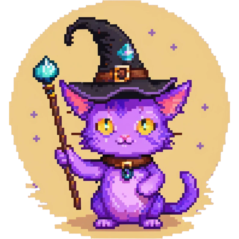 purple cat wearing a witch hat and holding a magic wand emoji