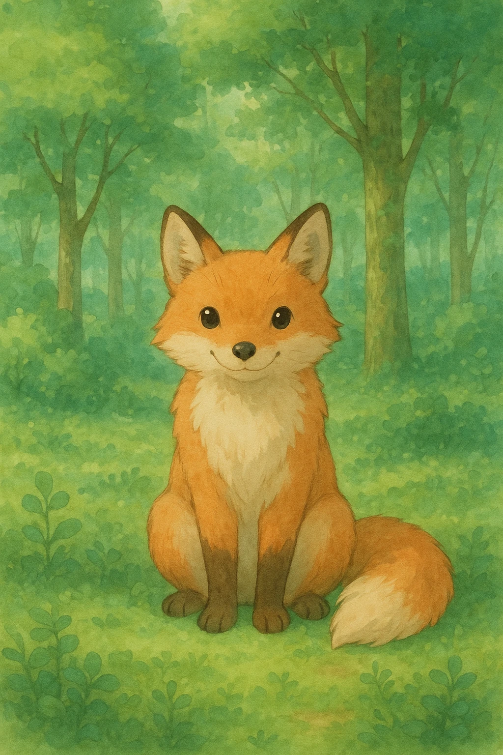 a friendly fox sitting in a lush green forest, soft colors, whimsical atmosphere, ghibli style emoji