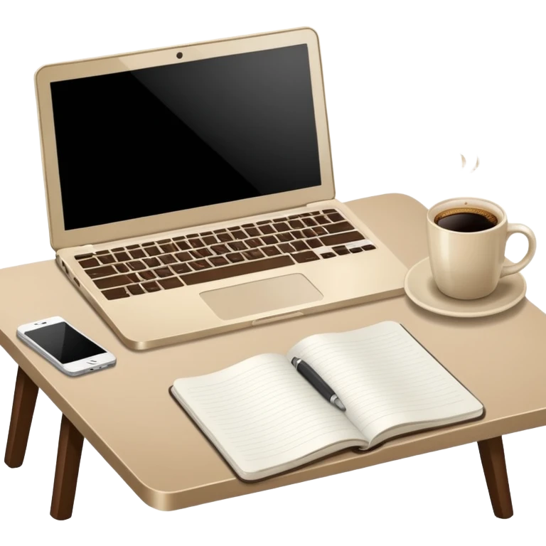Laptop on the rectangular beige table, coffee and notebook emoji