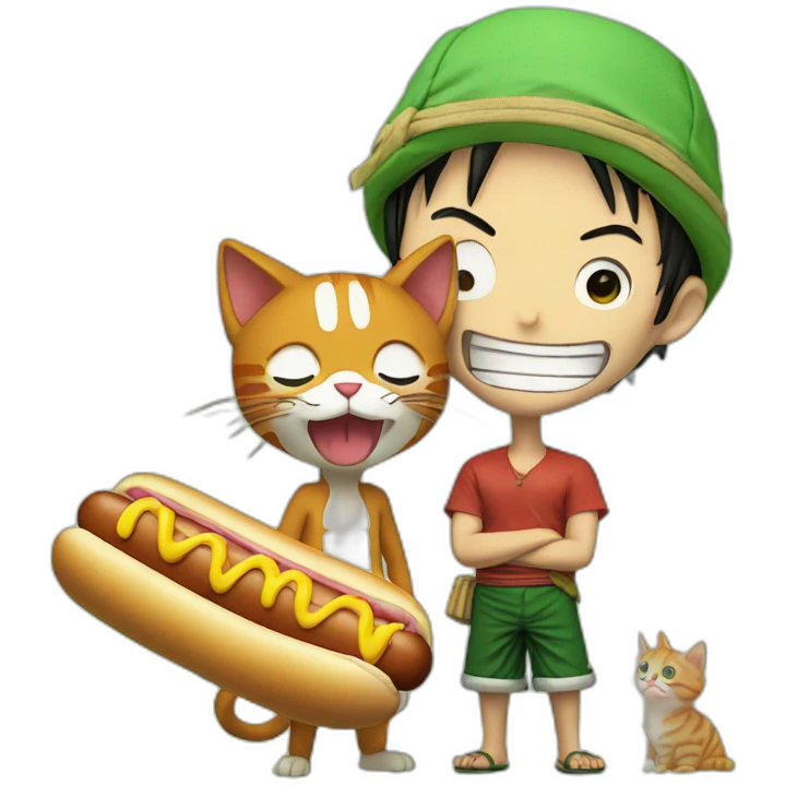 Luffy and Zoro with a cat eating an hot-dog emoji