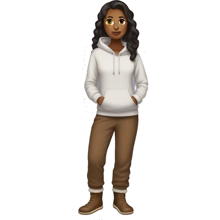 Brown woman wearing sweatpants, hoodie and Ugg slippers not boots emoji