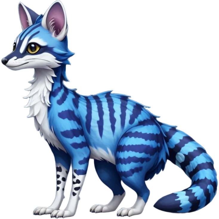 Feral Rare Fantasy vibrant dark shady shaded detailed deep-dark-cobalt-blue-gradients-colored colorful Vernid-Sergal-Genet-Trico-species by LiLaiRa, with dark-blackish points, white belly, random markings, tufted tail, tufted ears, full body emoji