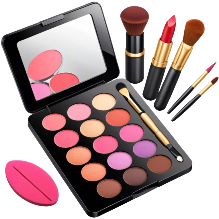 icon featuring professional makeup brushes, a high-quality lipstick, a sleek eyeshadow palette, a makeup sponge and a set of tools like tweezers and eyeliner pencil. The design highlights the precision and artistry of makeup with detailed textures and realistic lighting. Transparent background. emoji