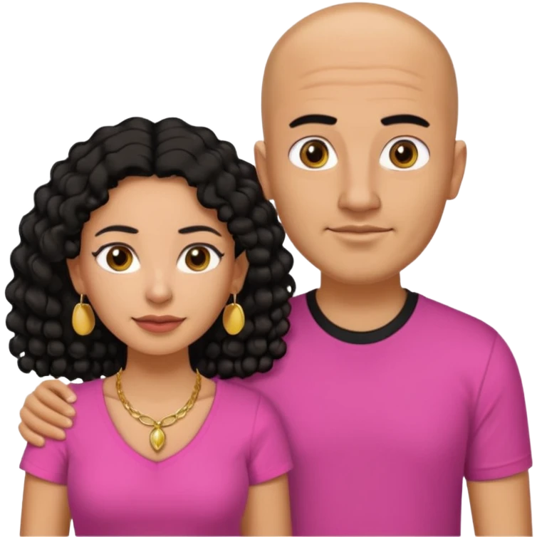 A picture if a couple. the man is a Mexican man with tanned skin, black hair, a bald hair cut, short boxed beard, and with a black t-shirt on. the woman is mixed with black and white, with brown curly long hair, gold earrings, a gold necklace and a pink shirt on and big boobs emoji