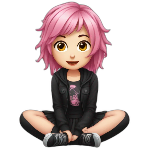 Full body Front view curvy emo girl pink hair sits on the floor straight view hands up black skirt полосатые рваные чулки emoji