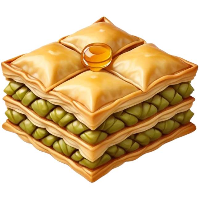 Cinematic Realistic Baklava Dessert Emoji, depicted as layers of flaky pastry with honey and nuts rendered with rich textures and warm, inviting lighting. emoji