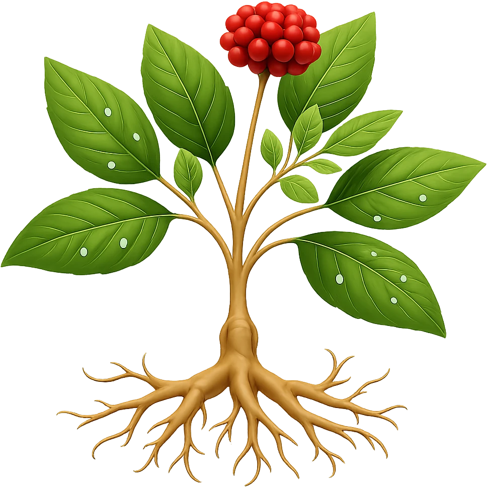 Add one fruit, a sprinkle, and two leaves to the wild ginseng plant. Keep the background transparent. Maintain the style of the original image. emoji