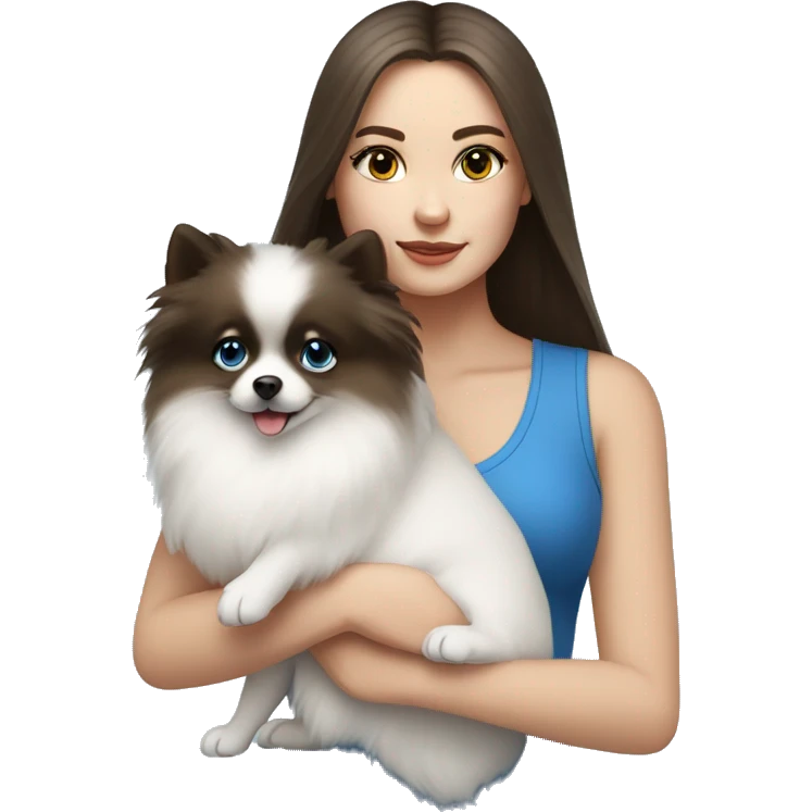 White Brunette girl with blue eyes  holding a white pomeranian  emoji