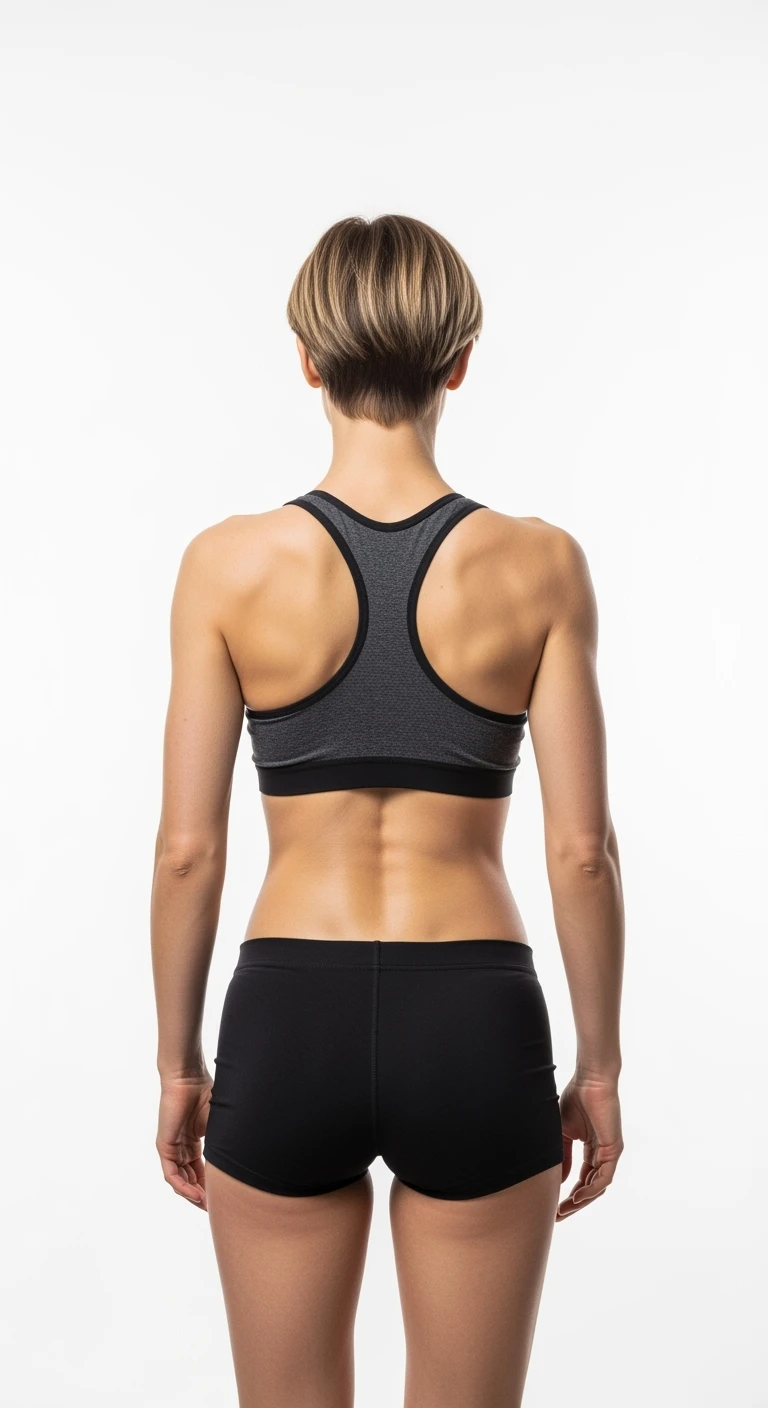 donna fitness di spalle con spina dorsale in evidenza, sfondo bianco emoji