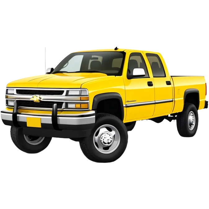 Bright yellow 1997 Chevrolet C-2500 Crew Cab Silverado pickup truck from Kill Bill movie, 30-degree angle view, iconic bright yellow color scheme, four-door crew cab, iOS emoji style emoji