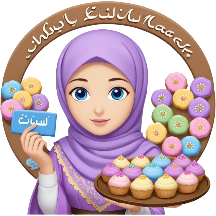 Turkish beautiful finish Konya girl blue eyes with lilac floral hijab islamic dress and had on her hand text Eid Mubarak with sweets and celebrating with her friends eid days   emoji
