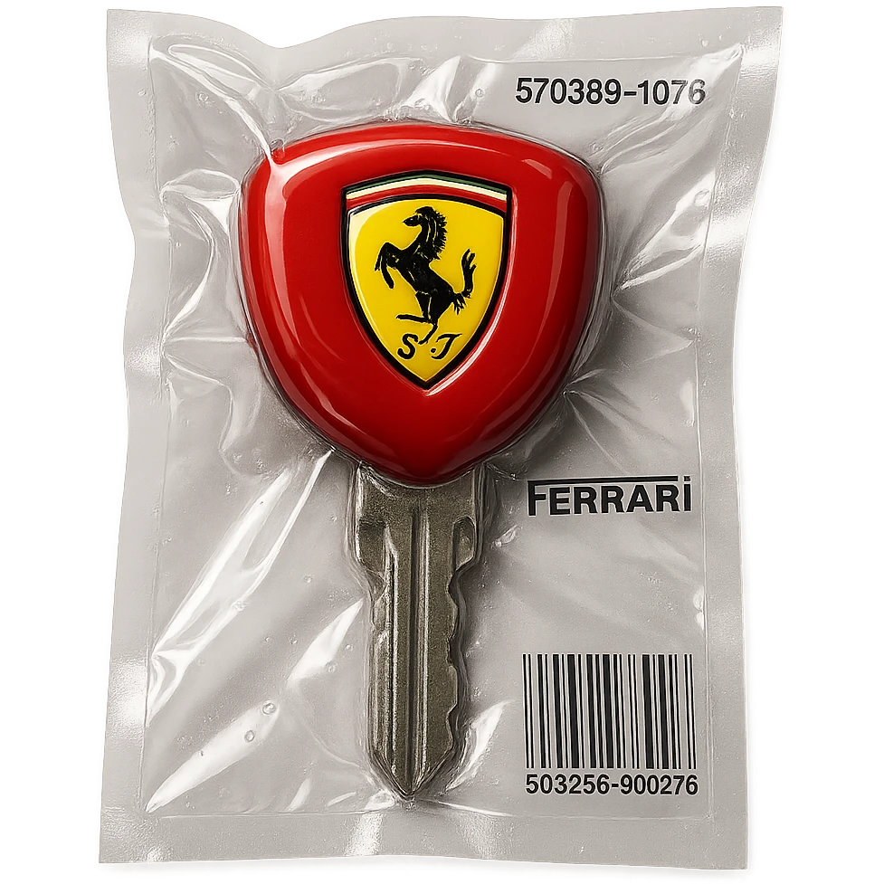 classic Ferrari key, red, with yellow Ferrari shield logo, shiny and inflated emoji