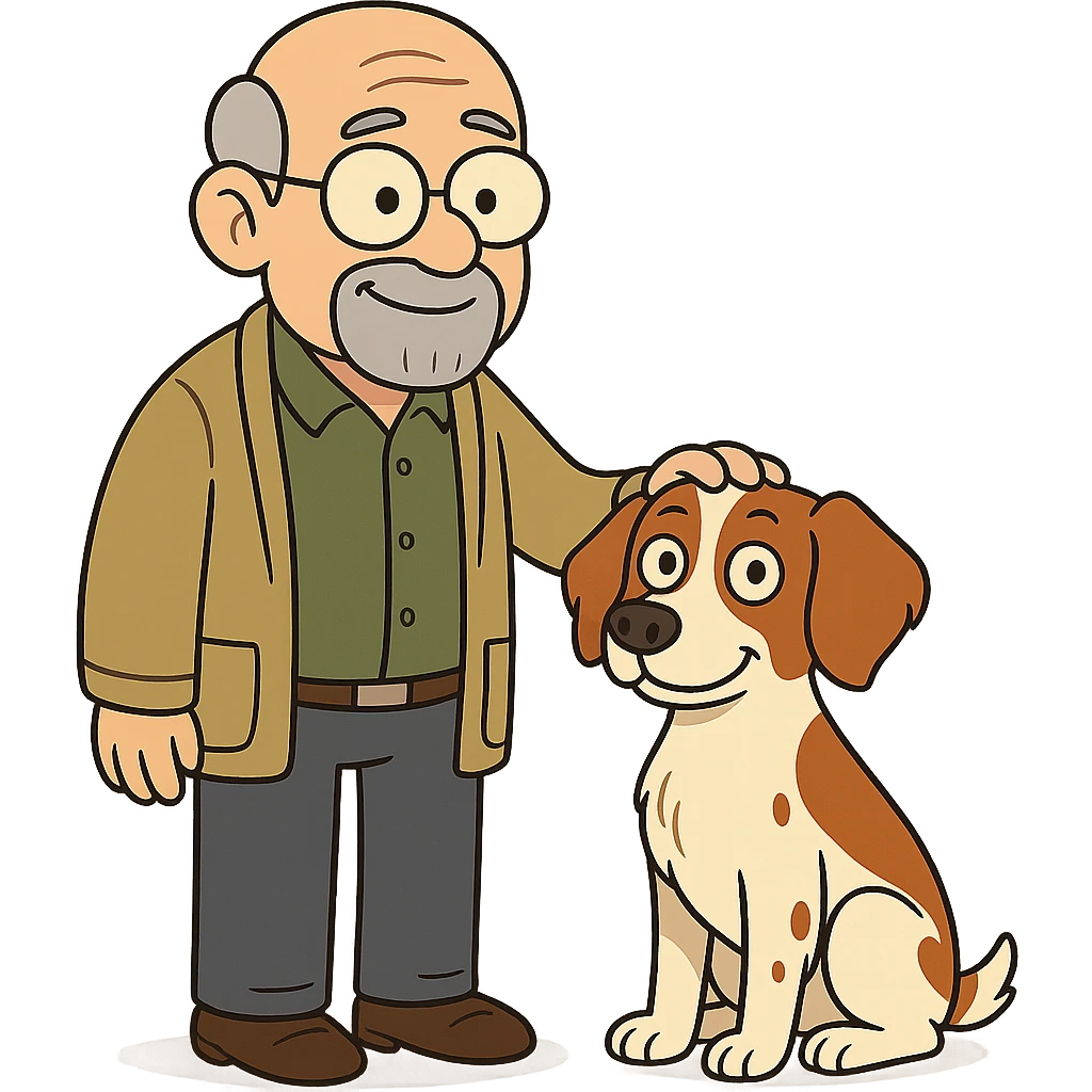 cartoon style bald old man with round glasses and grey goatee standing with a Brittany Spaniel, friendly and warm emoji