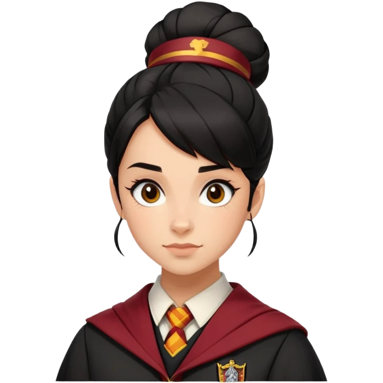 alicia spinnet in harry potter, wear hogwarts gryfindor uniform,  thick, black bun hair , reflecting her bold, stylish, and strong personality emoji