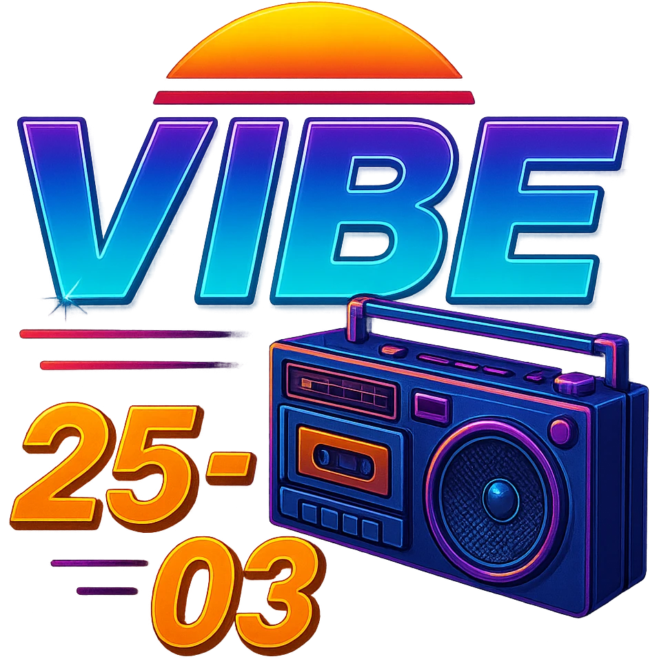 Remove the Rubik's cube and focus on a large cassette player boombox as the main retro element for the VIBE25-03 logo. Maintain the neon synthwave style and vibrant colors with no background, transparent background. emoji