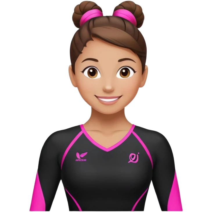 Happy female gymnast with brown hair in a neat bun, wearing a black uniform with neon pink elements. emoji