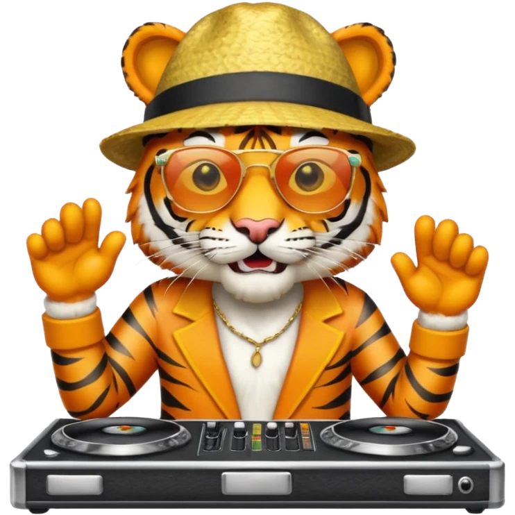 Un tigre con sombrero estilo cubano, una mesa de dj y gafas de sol emoji