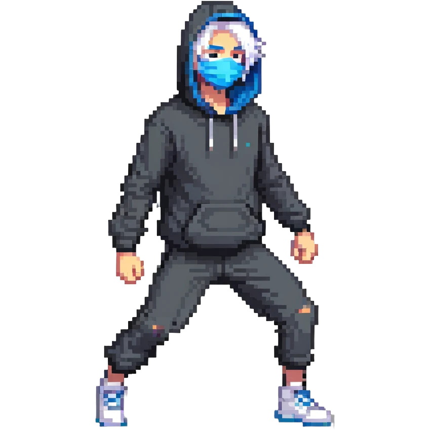 teen in hoodie, blue mask, white hair, dynamic pose emoji