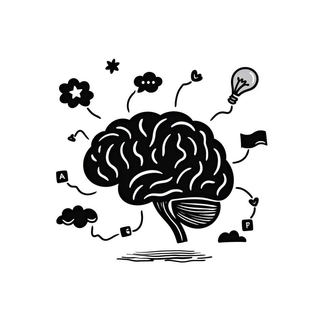 Hand-drawn Natural Language Processing concept with brain, text, and language tokens emoji
