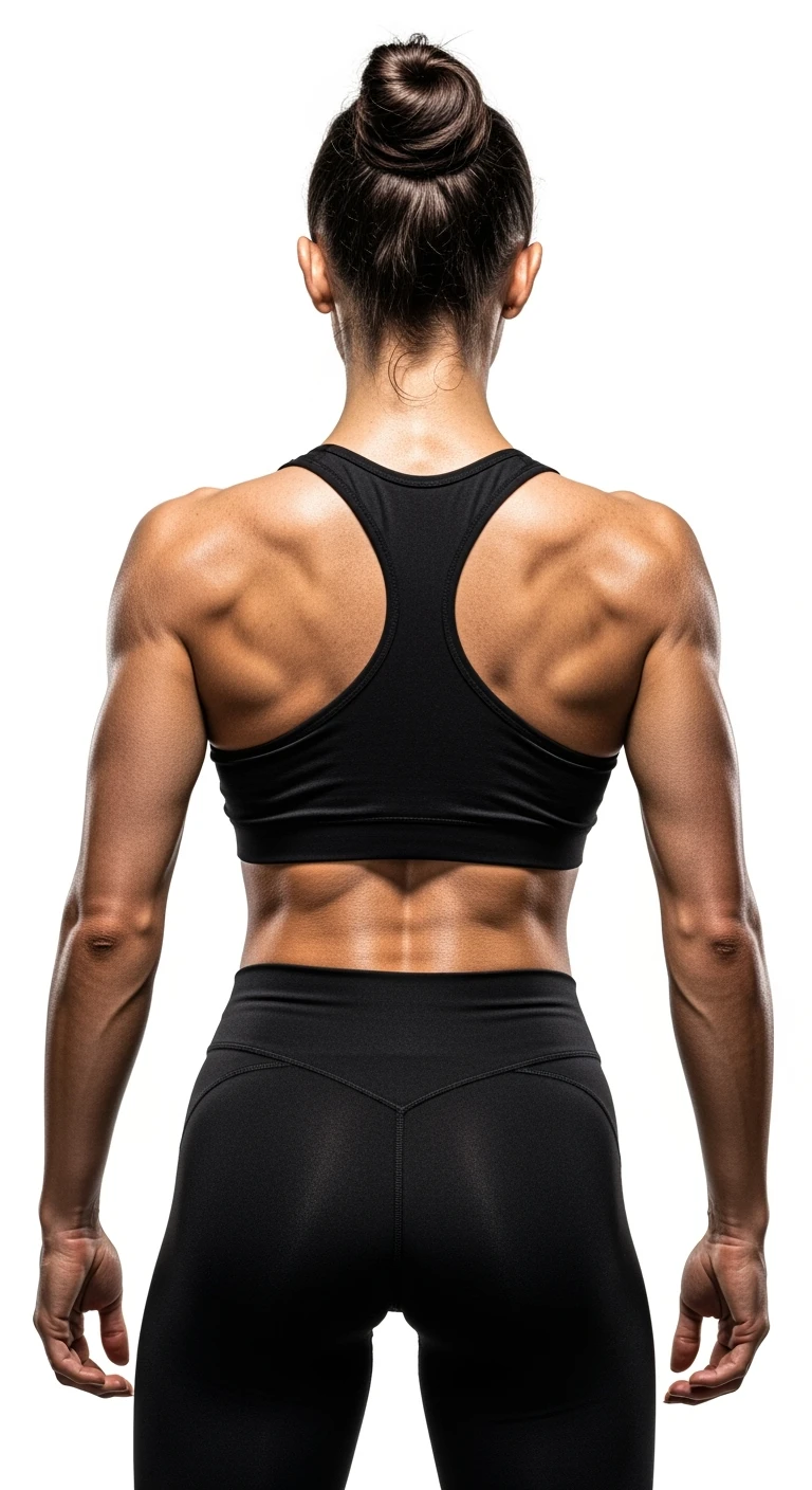 DONNA FITNESS DI SPALLE, IPERREALISTICA 4K, SFONDO BIANCO emoji