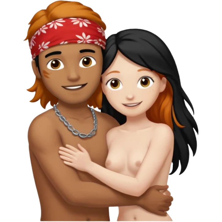 Brown guy with black hair with bandana on his head naked hugging a white girl with long ginger hair naked emoji