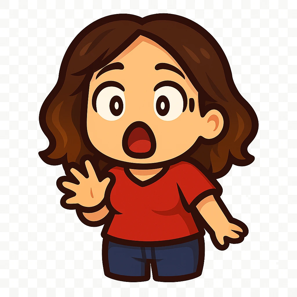 Create a chibi emote of a woman from the reference wearing a red blouse and jeans, surprised/shocked, no headband, no wand, matching the attached green heart emote as a base, transparent background emoji