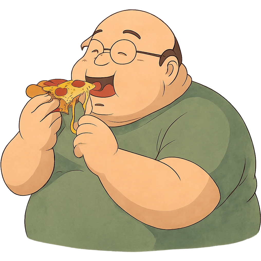 ghibli style illustration of a very fat bald man with glasses eating pizza emoji
