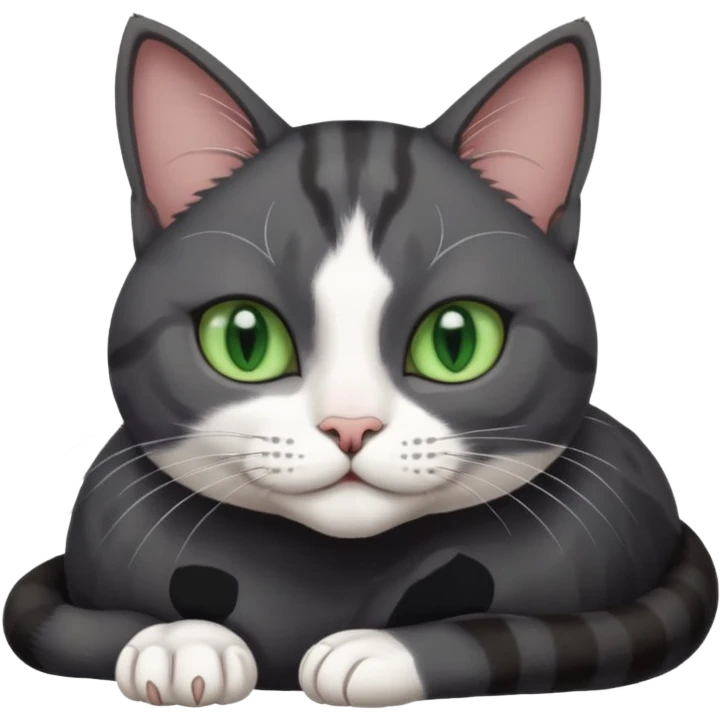 beautiful female solid dark grey cat with green eyes, white toes/paws and white patch on her chest lying down emoji