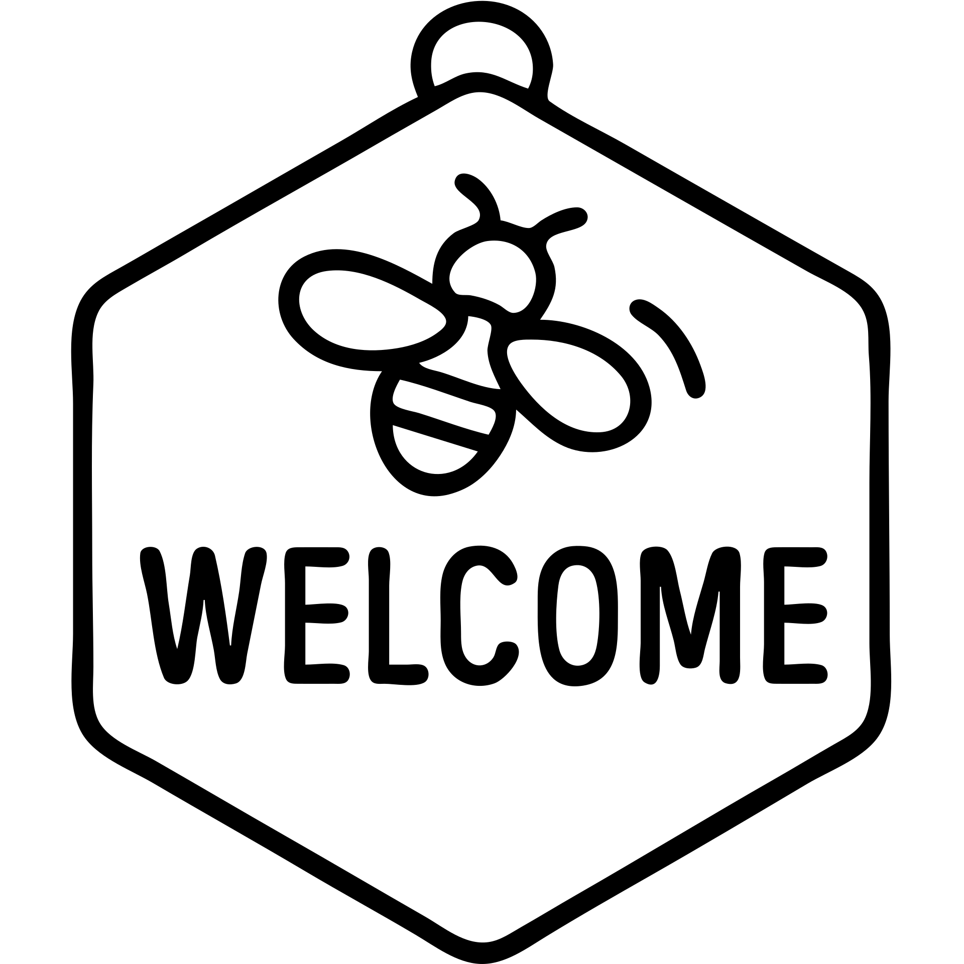 Welcome tag with buzzing bee, hexagon shape, 'WELCOME' text emoji