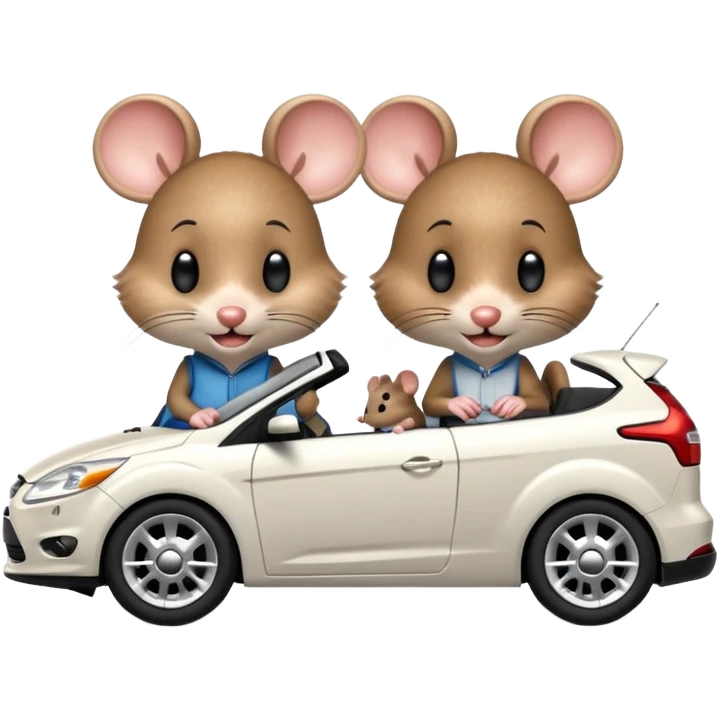Two mouses, one girl and one boy drive a white ford focus card emoji