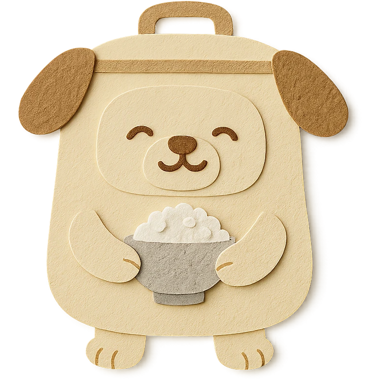 cute dog shaped like a rice cooker, round belly, holding a rice bowl, soft cream and brown colors, full-body emoji