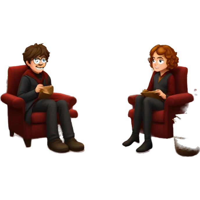 Harry, Ron, and Hermione sitting by a roaring fireplace in the Gryffindor common room, with stockings hanging and Christmas lights sparkling emoji