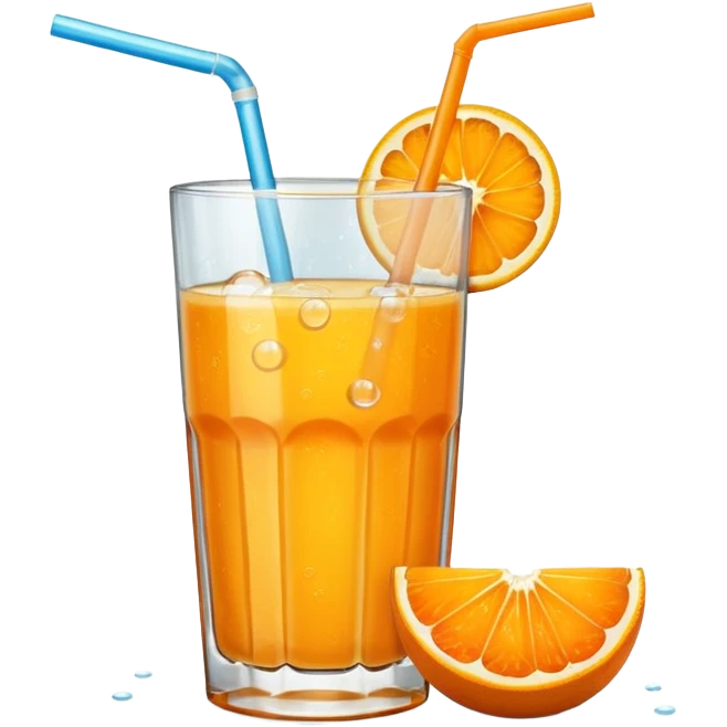 A glas of orange juice. Without a straw. With a slice of orange next to it on the bottom emoji