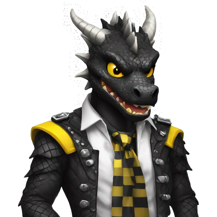 Black dragon dressed in punk clothes with chequer black and white markings and yellow caution tape  emoji