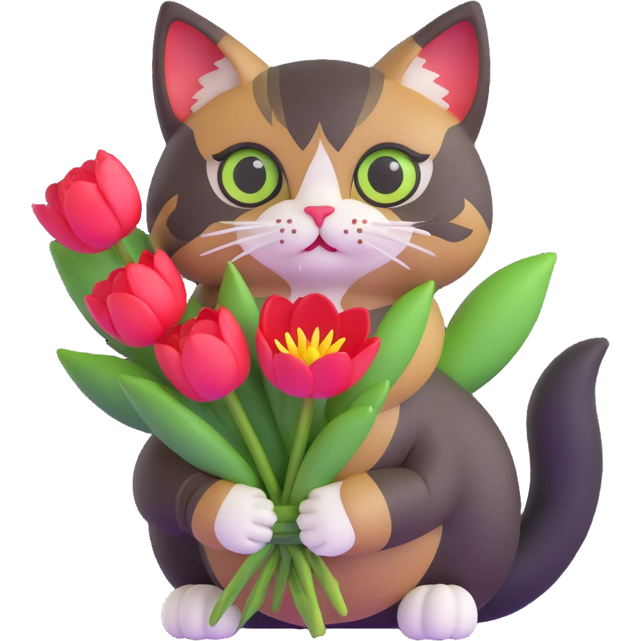 tricolor fluffy cat with big green eyes holding red tulips in her arms emoji