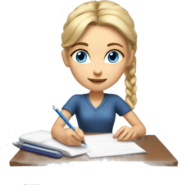 White Smart girl with blue eyes and light skin with hair pulled back with a hair clip doing Homework on a desk writing on a piece of paper  emoji