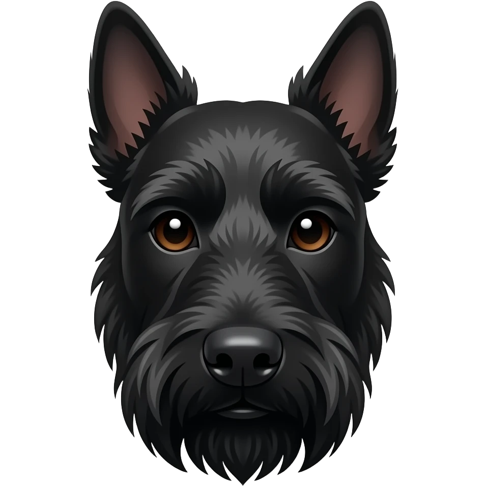 Black Scottish Terrier emoji character, front facing head portrait, clean vector cartoon style, thick outline, soft shading, symmetrical face, centered composition, transparent background, designed for Twitch/Discord emoji emoji
