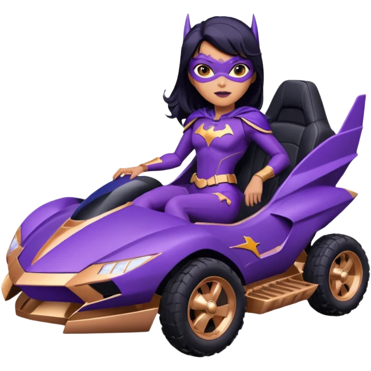 Hot full size real-appearance racing action BatGirl’s feminine midnight-purple tight outfit sixty’s tv show 1992 stealth retro cat burglar sporty petite off-road pursuit hovering black hover cruiser car rose gold accents (black hair,reclined and relaxed seating position and attitude) desert emoji