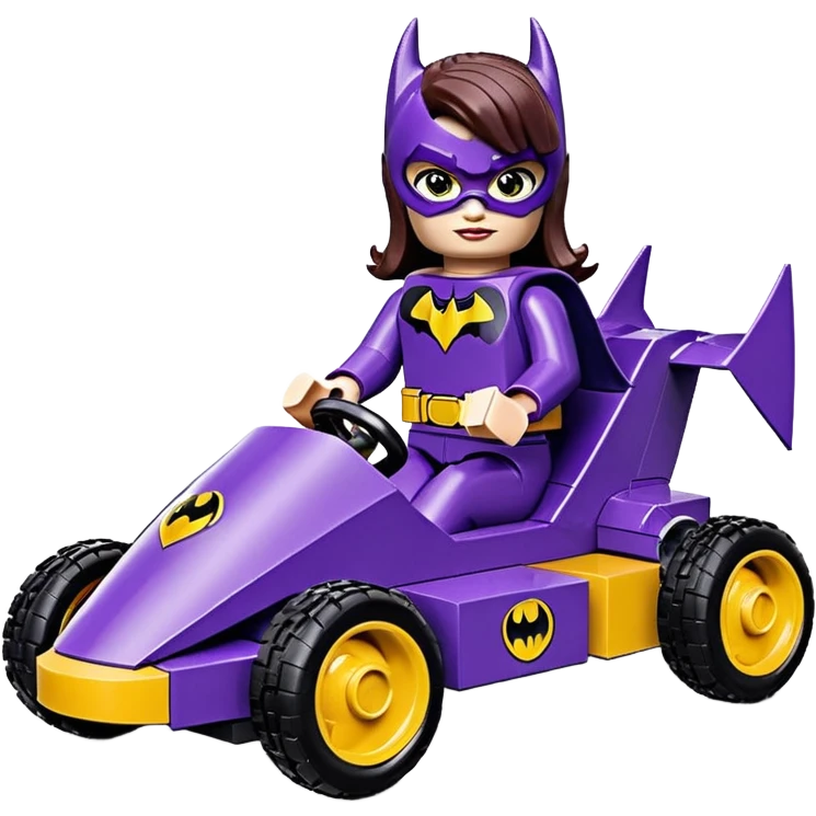 Hot full size real-appearance retro electric racing action BatGirl’s Lego feminine midnight-purple tight outfit sixty’s tv show 1992 stealthy retro sporty safe plush petite off-road pursuit hovering hover cruiser car rose gold accents (black hair,reclined and relaxed seating position) go kart  emoji
