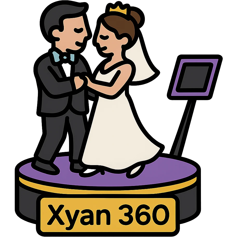small simple icon of a white bride and groom dancing on a 360 spin booth with an iPad as the camera for the booth, 'Xyan 360' signage, purple gold and black accents, luxury wedding event style emoji