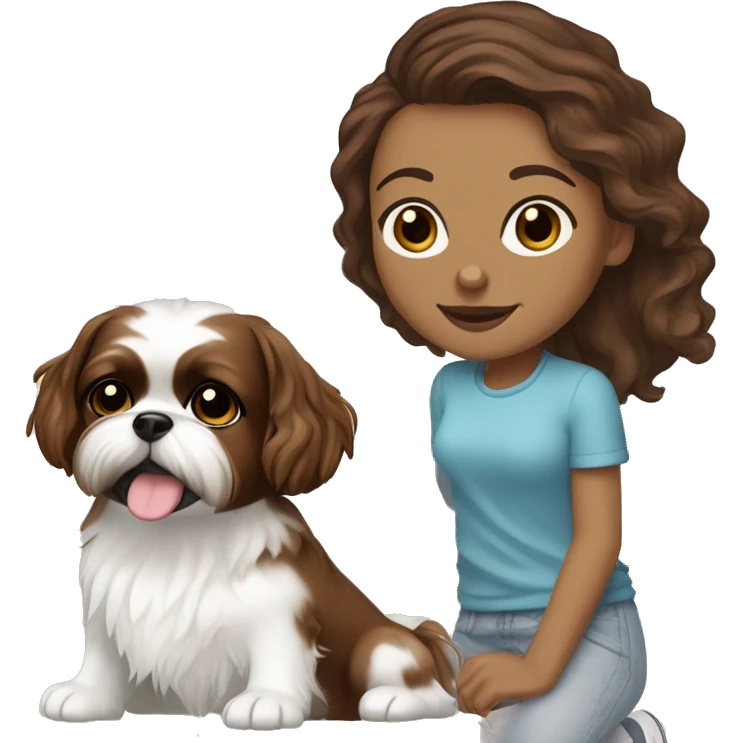 young woman with light bron skin, big brown eyes, tiny nose, long chocolate wavy hair. With a pair of sneakers on the background, add a house to the background, a shihtzu and a cihuahuadog emoji