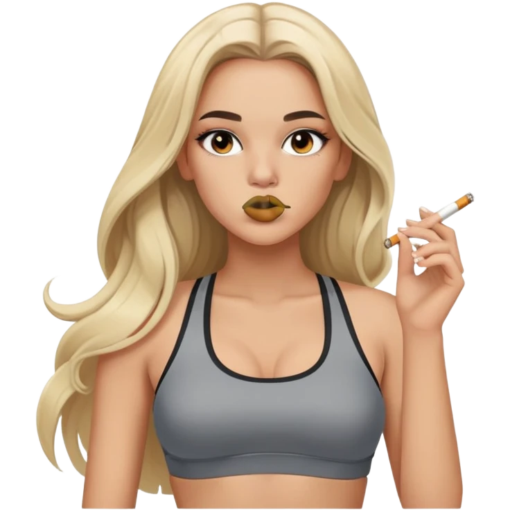 blonde gorgeous girl long hair with latina makeup smoking a cigarette and blowing smoke grey sports bra emoji