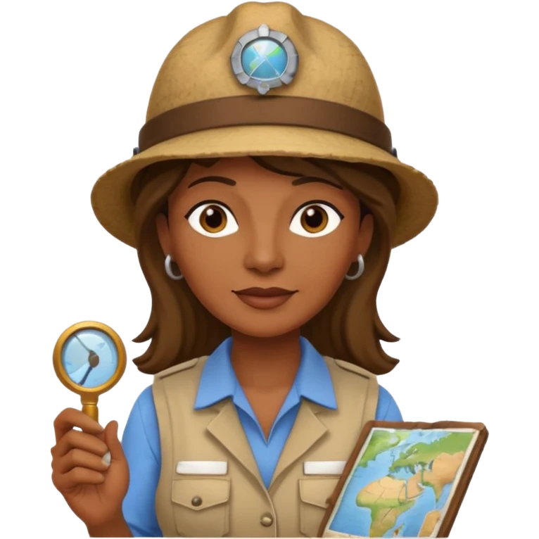 55-year-old female archaeologist, brown skin, wearing an archaeologist hat, small map beside her emoji
