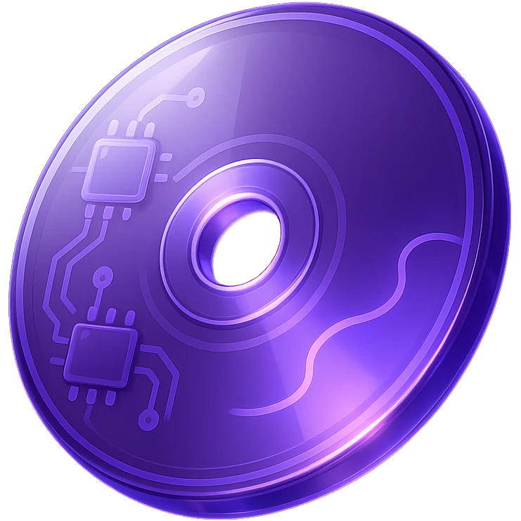 A minimalist CD disc with abstract pattern, glowing effect, purple color scheme emoji