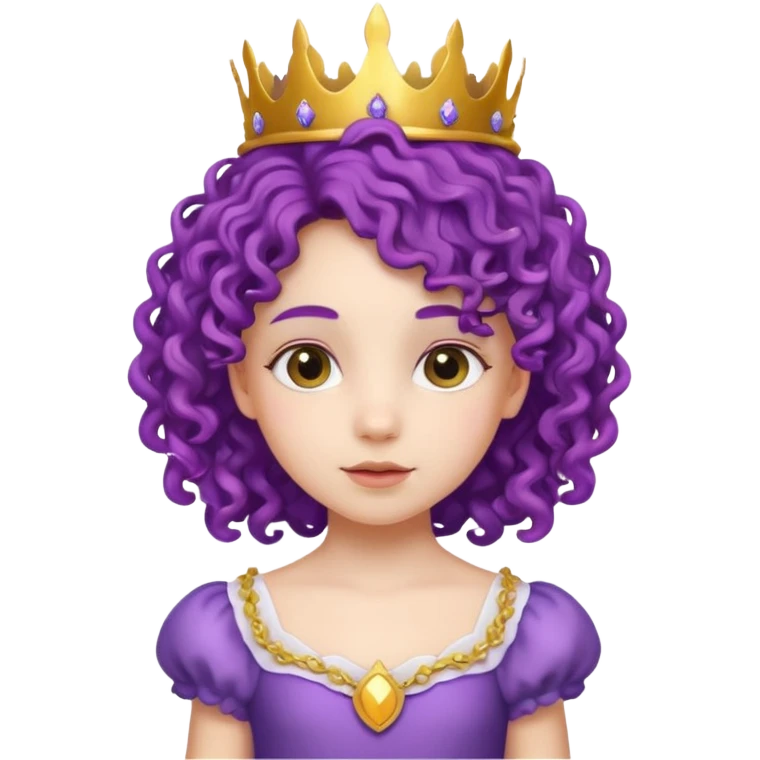 Princesses kid girl, with Gold Crown and flower on purple curly hair, with white dress emoji
