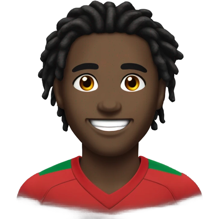 Young black man- 4 inch short dark black messy dread locks-  mad eyebrows - low dark brown eyes - no facial hair - laughing - Portugal jersey - lean muscle - nice smile  emoji