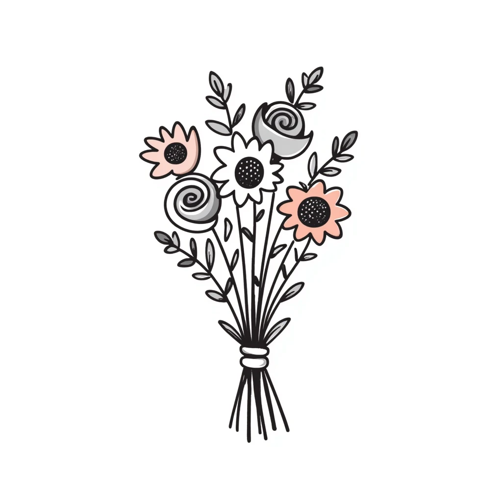 a hand-tied bouquet of assorted flowers with stems and leaves, pastel colors dd9fb0, ffc6d3, a3bfc9, c4bee2, f1b091, detailed hand-drawn doodle style emoji